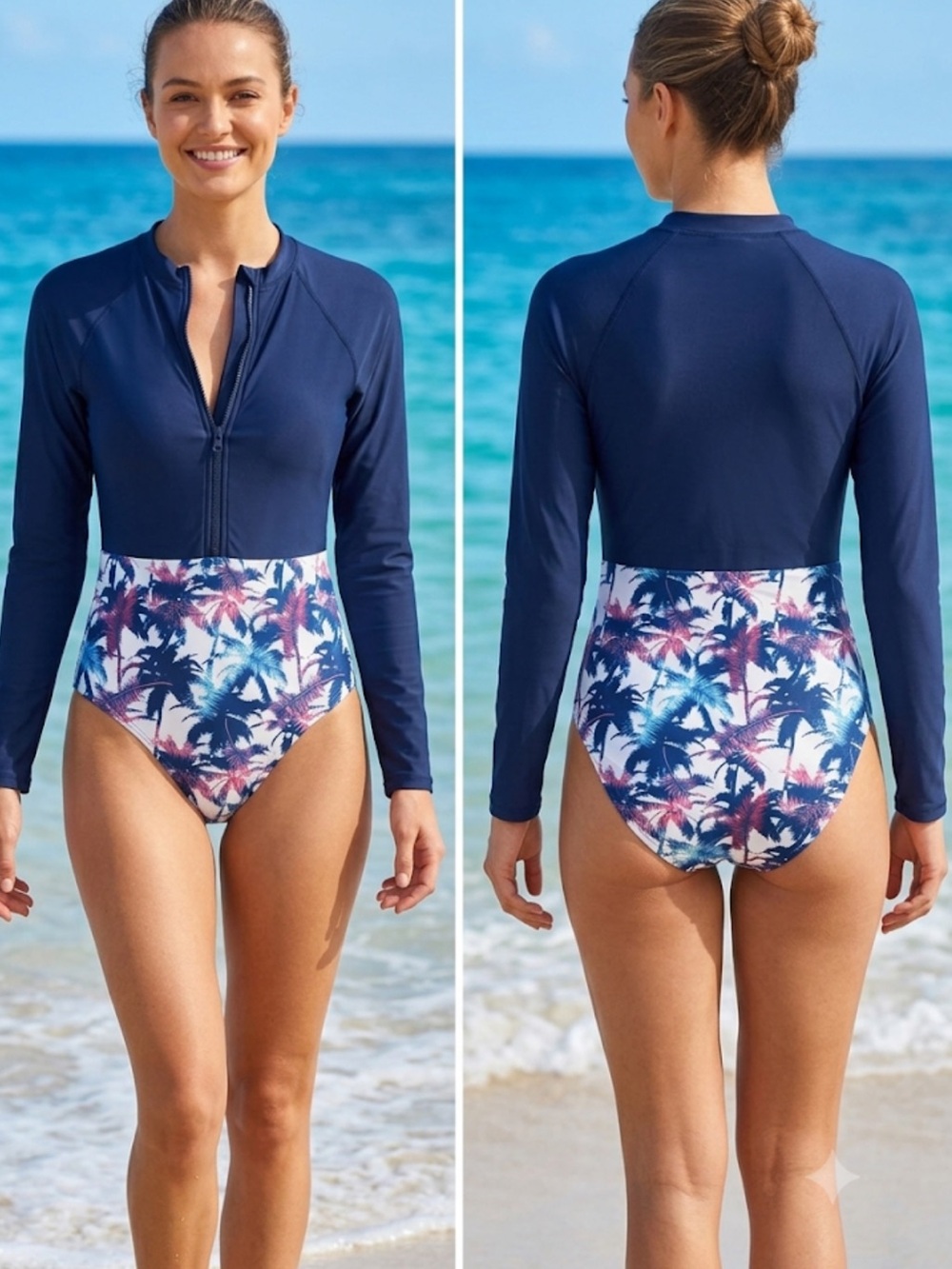 SHEKINI’S Navy Long-Sleeve One-Piece Swimsuit with Tropical Palm Print
